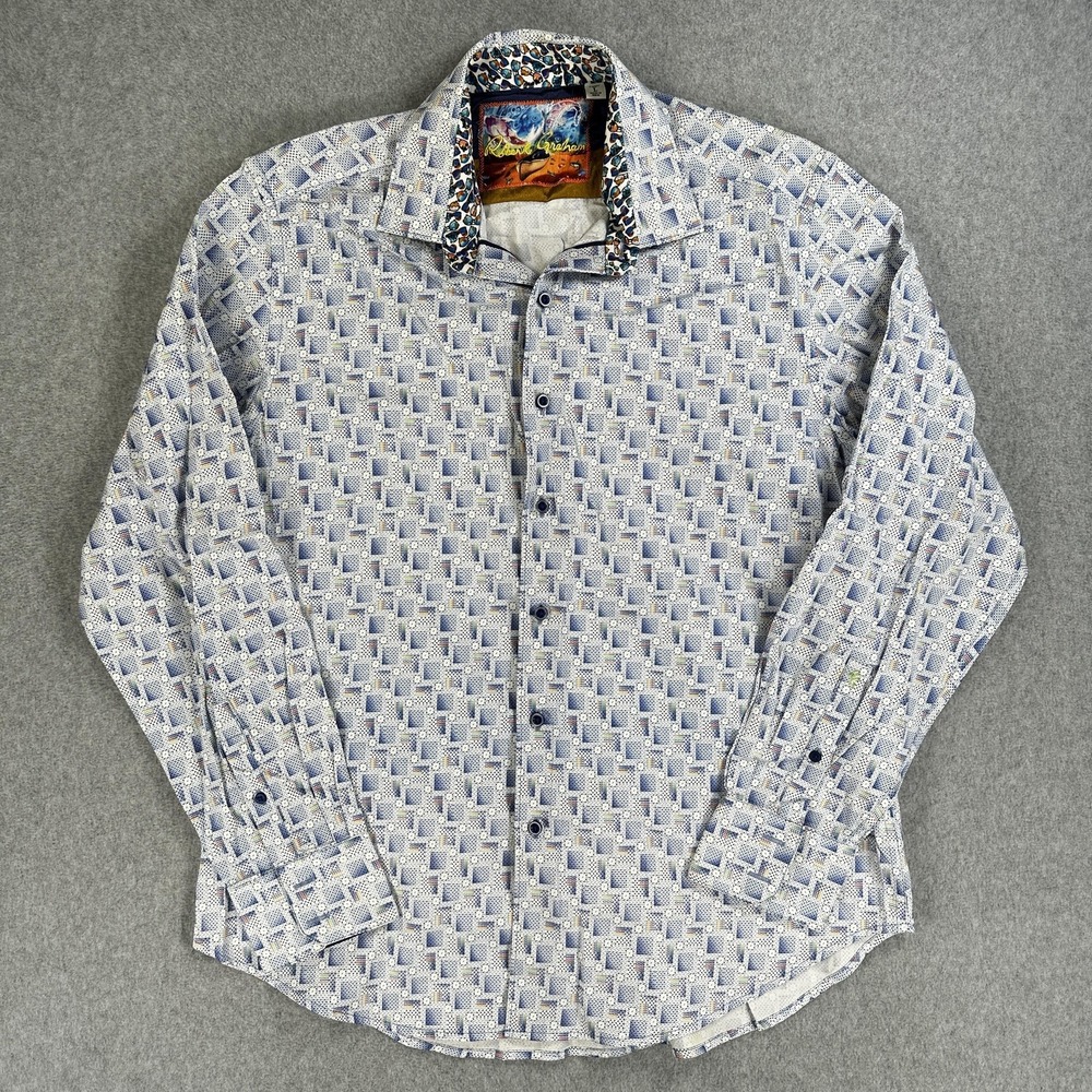 Robert Graham Dress Shirt Mens Large Blue Geometric Button Long Sleeve Cotton
